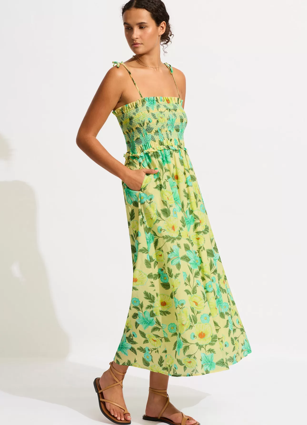 Seafolly Garden Party Smocking Midi Dress - Lime Light